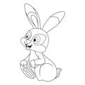 Young Hare sits and holds its paws. Template of coloring book with colorless cartoon Holiday Rabbit. Practice worksheet