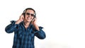 Young with headphones on white background, isolated. People, music, lifestyle. Digital lifestyle concept. Phone earphones.