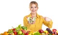 Young healthy woman with fruits and vegetables. Royalty Free Stock Photo