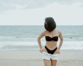 Young healthy woman standing in the beach and wearing bikini in the summer vacation after covid19 situation unlocks.