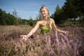 A young herbalist enjoys a meadow strewn with heather flowers. Field herbs.