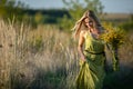 A young herbalist, full of love, walks, cradling her harvested herbs. Common goldenrod and winterflower. Royalty Free Stock Photo