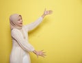 young hijab women happy and show copy space