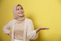 young hijab women happy and show copy space