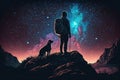 young hiker with backpack and a dog standing on the rock and looking at stars in the night sky, digital art style, illustration Royalty Free Stock Photo