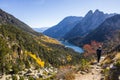 Young hiker woman in autumn in Aiguestortes and Sant Maurici National Park, Spain