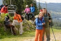 Relaxing hikers and cyclists enjoying view