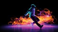 Young hip hop dancer with fire effect at background. dance school advertisement