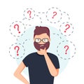 Young hipster business man thinking standing under question marks. Vector flat cartoon illustration character icon.