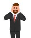 Young hipster businessman covering ears with hands. Trendy bearded person holding palm on face. Hear no evil concept. Male Royalty Free Stock Photo