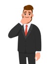 Young hipster businessman in formal suit covering mouth with hand. Trendy person closed his lips with palm. Male character design