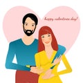 Young hipster couple is hugging, pink heart on a background, text happy valentines day