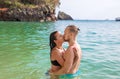 Young hipster couple of woman and man on beach Royalty Free Stock Photo