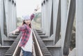 Young hipster female traveler smile and enjoy the travel Royalty Free Stock Photo