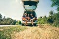 Young hipster friends on road trip on a summers day. Euro-trip Royalty Free Stock Photo