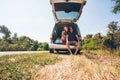Young hipster friends on road trip on a summers day. Euro-trip Royalty Free Stock Photo