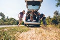 Young hipster friends on road trip on a summers day. Euro-trip Royalty Free Stock Photo