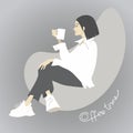 Young hipster girl with cup of coffee sitting in armchiar. Cartoon illustration Royalty Free Stock Photo