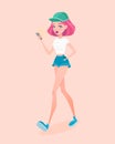 Young hipster girl going down the street, holding smartphone in her hand. Vector illustration. Design template.