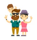 Young hipster happy family. Flat design vector illustration character. on white background. Mother, father, son