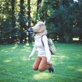 Young hipster horse mask woman in autumn Royalty Free Stock Photo