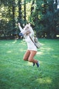 Young hipster horse mask woman in autumn Royalty Free Stock Photo