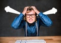 Young hipster man angry, with hands on head and steam on ears.