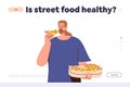 Young hipster man character eating takeaway pizza, benefits of street food landing page design