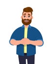 Young hipster man holding his hands together. Trendy bearded person standing isolated in white background. Happy male character. Royalty Free Stock Photo
