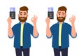 Young hipster man showing passport with ticket and gesturing okay, OK sign. Bearded person holding boarding pass and winking eye. Royalty Free Stock Photo