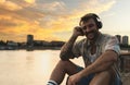 Young hipster millennial man sitting on riverside looking at city listening music on wireless headphones enjoying moment, life and Royalty Free Stock Photo
