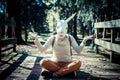 Young hipster rabbit mask woman in autumn Royalty Free Stock Photo