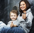 Young hipster teenage girl sitting with her brother in classroom multinational, lifestyle people concept Royalty Free Stock Photo