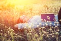 Young hipster woman lying in flower field after she tired for re Royalty Free Stock Photo