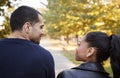 Young Hispanic couple walking in Brooklyn park, back view Royalty Free Stock Photo