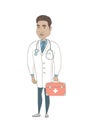 Young hispanic doctor holding first aid box. Royalty Free Stock Photo