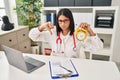 Young hispanic doctor woman holding alarm clock at the clinic with angry face, negative sign showing dislike with thumbs down, Royalty Free Stock Photo