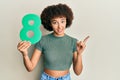 Young hispanic girl holding number eight smiling happy pointing with hand and finger to the side Royalty Free Stock Photo