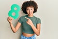 Young hispanic girl holding number eight smiling happy pointing with hand and finger Royalty Free Stock Photo
