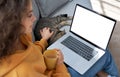 Young hispanic girl relaxing on sofa with cat watching series on laptop at home. Royalty Free Stock Photo