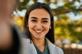 Young hispanic girl smiling happy making selfie by the camera at the city Royalty Free Stock Photo