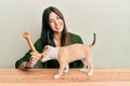 Young hispanic girl smiling happy and playing with dog sitting on the table over isolated white background Royalty Free Stock Photo