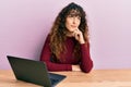 Young hispanic girl working using computer laptop thinking concentrated about doubt with finger on chin and looking up wondering Royalty Free Stock Photo