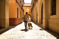 Young Hispanic man on his back with his dog holding the leash walking on a sunny street at sunset. Concept animals, dogs, love, Royalty Free Stock Photo