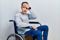 Young hispanic man sitting on wheelchair surprised with hand on head for mistake, remember error