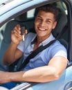 Young hispanic man smiling confident holding key of new car at street Royalty Free Stock Photo