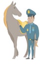 Young hispanic police officer and horse.