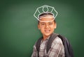 Young Hispanic Student Boy Wearing Backpack Front Of Blackboard with Policeman Hat Drawn In Chalk Over Head Royalty Free Stock Photo