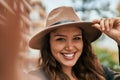 Young hispanic tourist woman smiling happy making selfie by the camera at the city Royalty Free Stock Photo