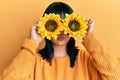 Young hispanic woman holding sunflowers over eyes puffing cheeks with funny face Royalty Free Stock Photo